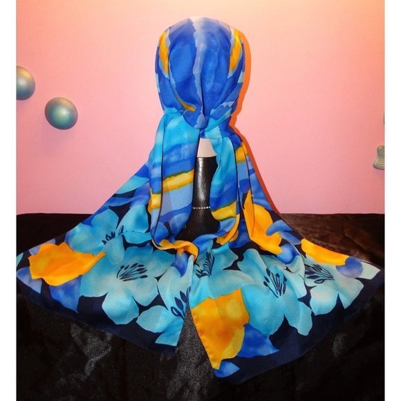 Vintage Blue & Yellow Long Floral Scarf made in Italy boho head wrap neck scarve - Picture 8 of 14